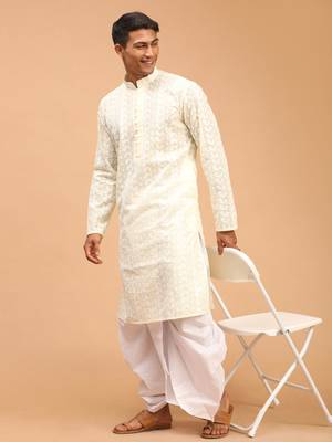 Yellow Pure Cotton Kurta And Dhoti Set 2