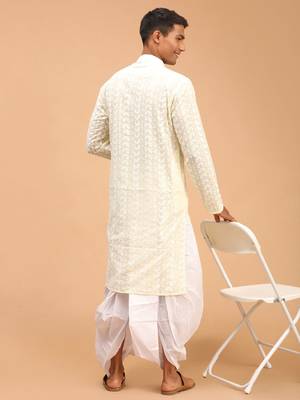 Yellow Pure Cotton Kurta And Dhoti Set 3