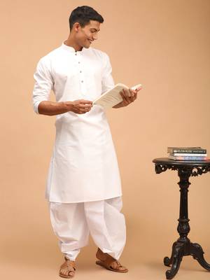 White Cotton Blend Plain Kurta and Dhoti Set 1