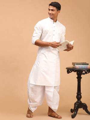 White Cotton Blend Plain Kurta and Dhoti Set 2