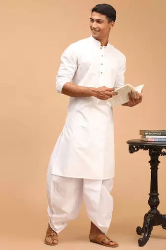 White Cotton Blend Plain Kurta and Dhoti Set