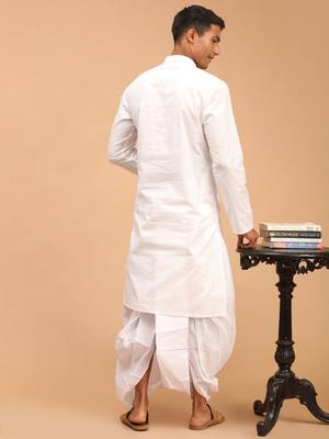 White Cotton Blend Plain Kurta and Dhoti Set 3