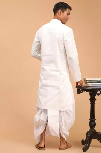 White Cotton Blend Plain Kurta and Dhoti Set