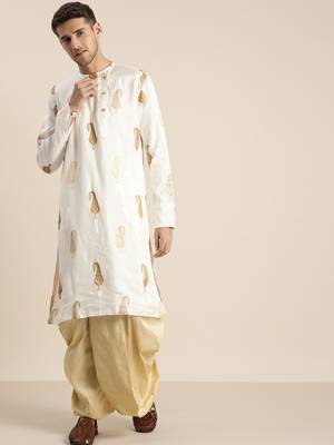 Men'S White And Gold Silk Blend Kurta And Dhoti Set 1