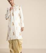 Men'S White And Gold Silk Blend Kurta And Dhoti Set