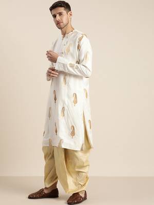 Men'S White And Gold Silk Blend Kurta And Dhoti Set 2