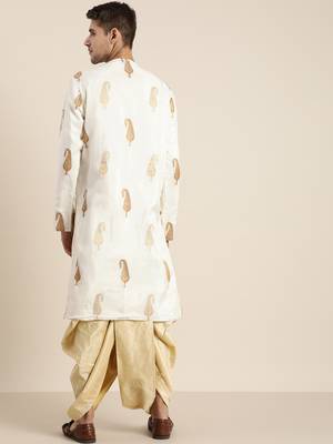 Men'S White And Gold Silk Blend Kurta And Dhoti Set 3
