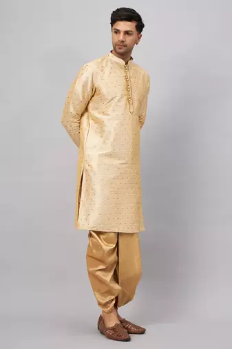 Beige And Rose Gold Silk Blend Kurta And Dhoti Set