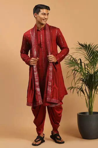 Maroon Viscose Kurta And Dhoti Set