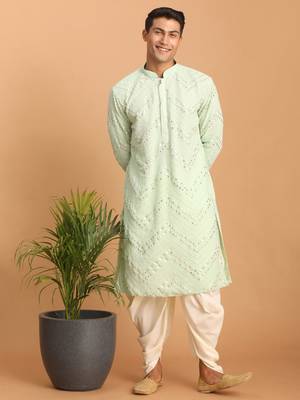 Mint Green And Cream Georgette Kurta And Dhoti Pant Set 1