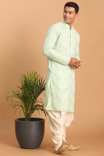 Mint Green And Cream Georgette Kurta And Dhoti Pant Set