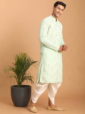 Mint Green And White Georgette Kurta And Dhoti Pant Set 2