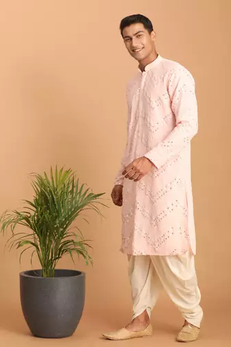 Pink And Cream Georgette Kurta And Dhoti Pant Set