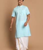  men's aqua blue and white cotton blend kurta and mundu set