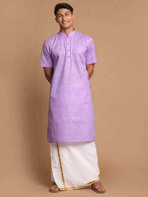  men's purple and white cotton blend kurta and mundu set 1