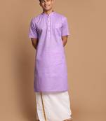  men's purple and white cotton blend kurta and mundu set
