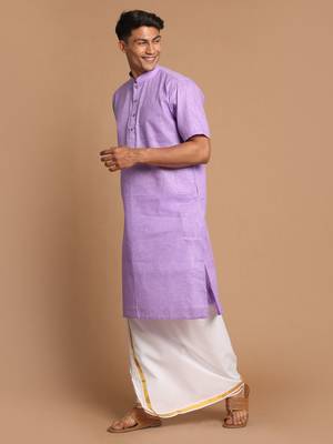  men's purple and white cotton blend kurta and mundu set 2