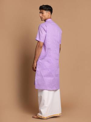  men's purple and white cotton blend kurta and mundu set 3
