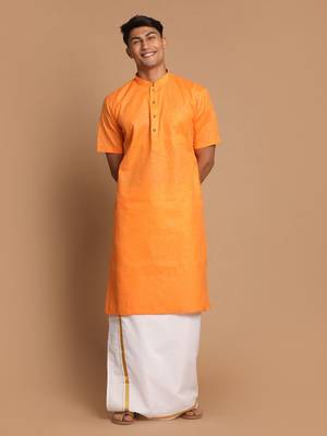  orange and white cotton blend kurta and mundu set 1