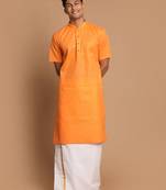  orange and white cotton blend kurta and mundu set