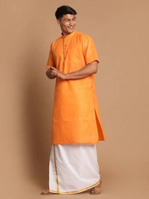 orange and white cotton blend kurta and mundu set 2