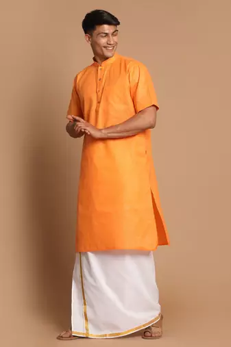  orange and white cotton blend kurta and mundu set