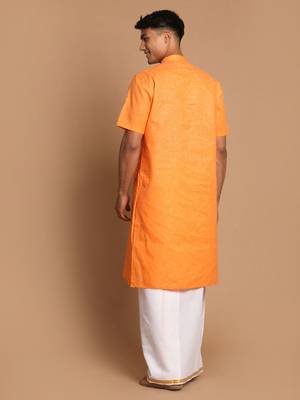  orange and white cotton blend kurta and mundu set 3