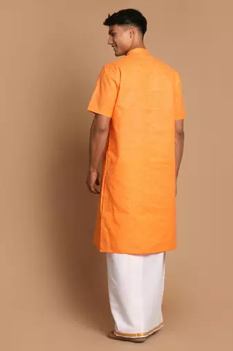  orange and white cotton blend kurta and mundu set