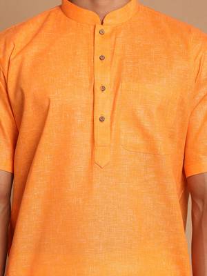  orange and white cotton blend kurta and mundu set 4