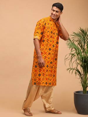 Men'S Yellow And Rose Gold Cotton Blend Kurta And Patiala Set 2