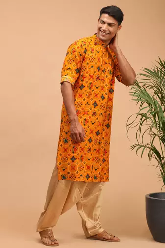 Men'S Yellow And Rose Gold Cotton Blend Kurta And Patiala Set
