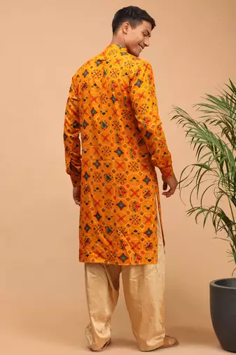 Men'S Yellow And Rose Gold Cotton Blend Kurta And Patiala Set