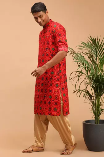 Men'S Red And Rose Gold Cotton Blend Kurta And Patiala Set