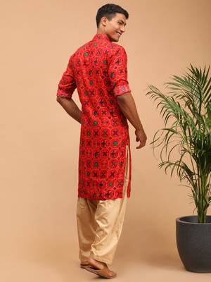Men'S Red And Rose Gold Cotton Blend Kurta And Patiala Set 3