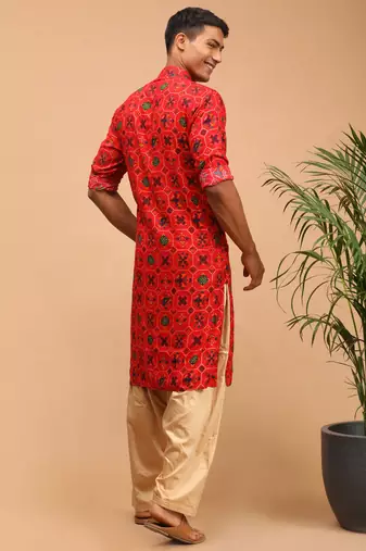 Men'S Red And Rose Gold Cotton Blend Kurta And Patiala Set