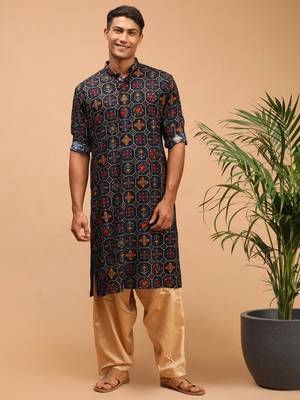 Men'S Blue And Rose Gold Cotton Blend Kurta And Patiala Set 1