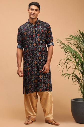 Men'S Blue And Rose Gold Cotton Blend Kurta And Patiala Set