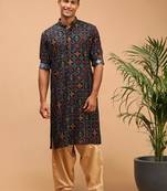 Men'S Blue And Rose Gold Cotton Blend Kurta And Patiala Set