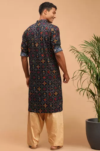 Men'S Blue And Rose Gold Cotton Blend Kurta And Patiala Set