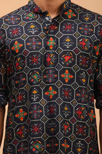 Men'S Blue And Rose Gold Cotton Blend Kurta And Patiala Set