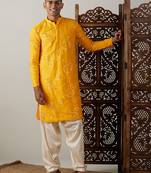Men'S Yellow Georgette Kurta And Patiala Set