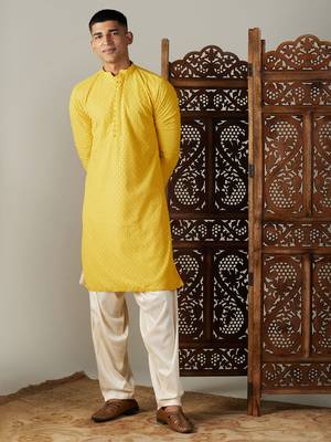 Men'S Yellow Georgette Kurta & Patiala 1