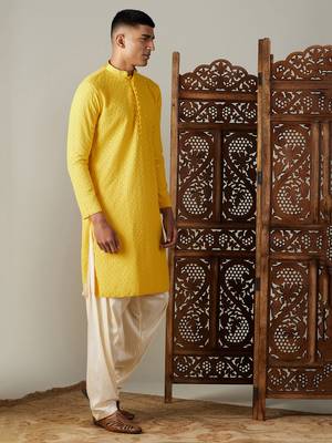 Men'S Yellow Georgette Kurta & Patiala 2