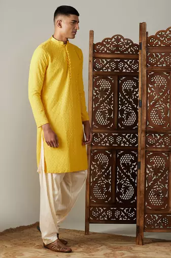 Men'S Yellow Georgette Kurta & Patiala