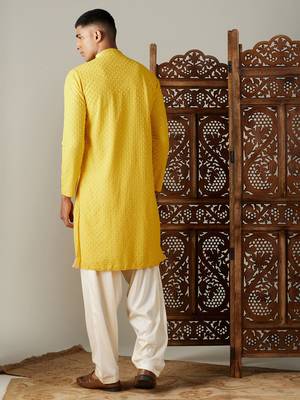 Men'S Yellow Georgette Kurta & Patiala 3