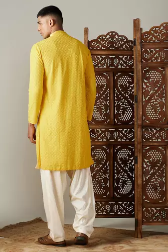 Men'S Yellow Georgette Kurta & Patiala