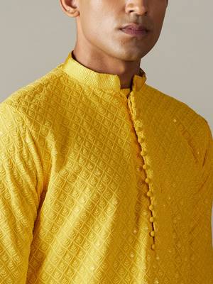 Men'S Yellow Georgette Kurta & Patiala 4