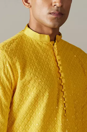 Men'S Yellow Georgette Kurta & Patiala