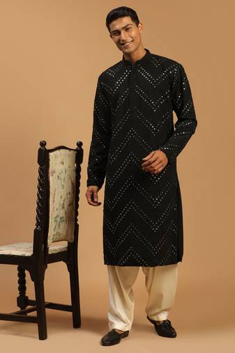  men's black and cream georgette kurta and patiala set