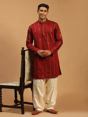  maroon and cream viscose kurta and patiala set 1